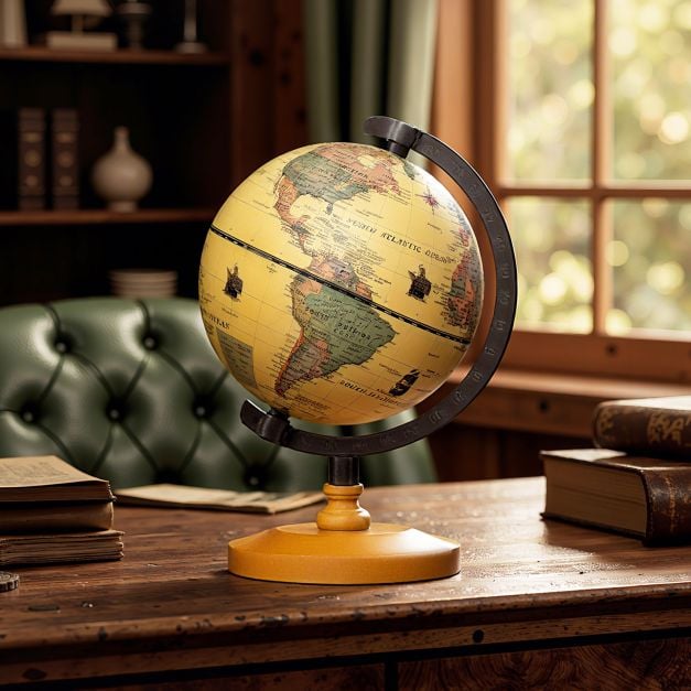Coast Wereldbol Brons – Mini Globe met Metalen Frame en Houten Standaard – Ø14 cm