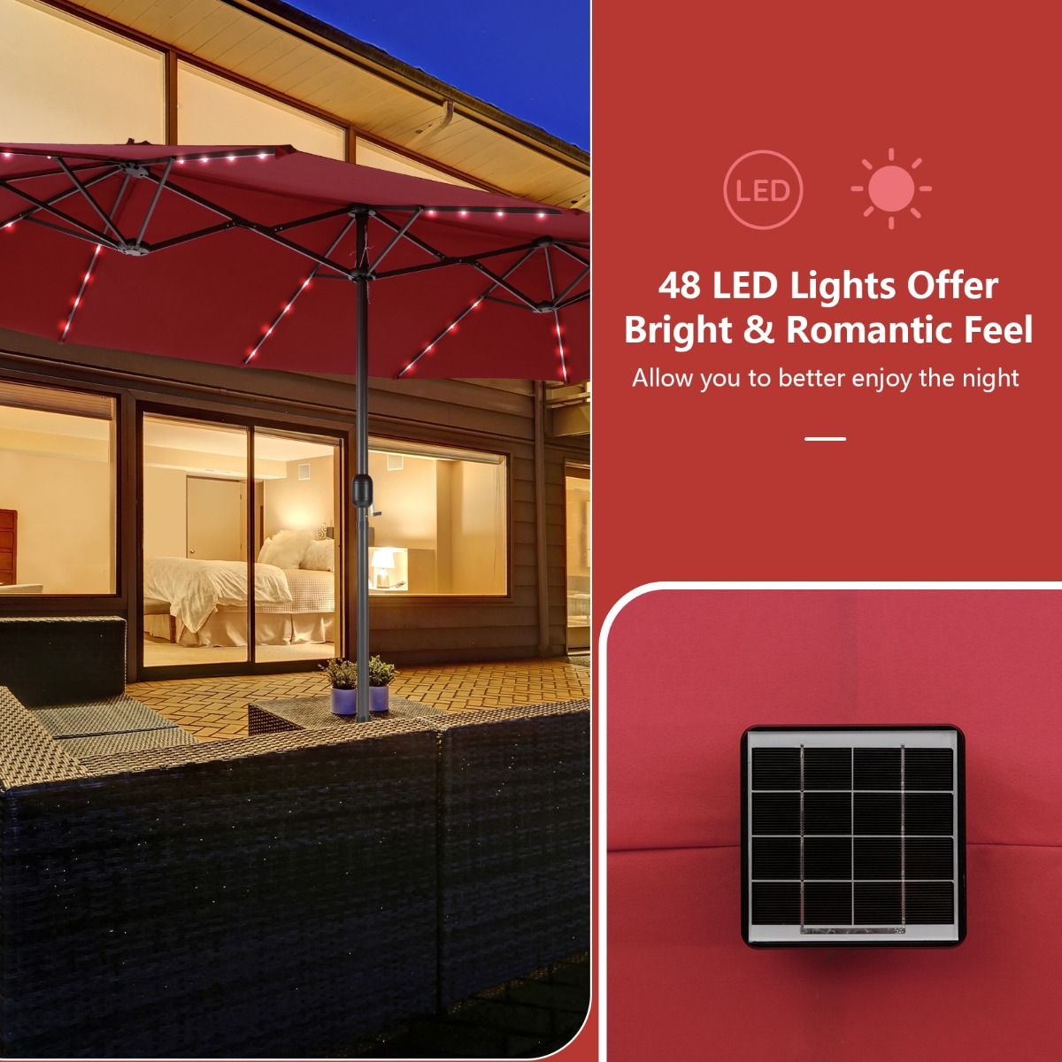 Coast Dubbele Terrasparasol - 48 LED-verlichting op zonne-energie - handslinger - wijnrood 470 x 280 cm