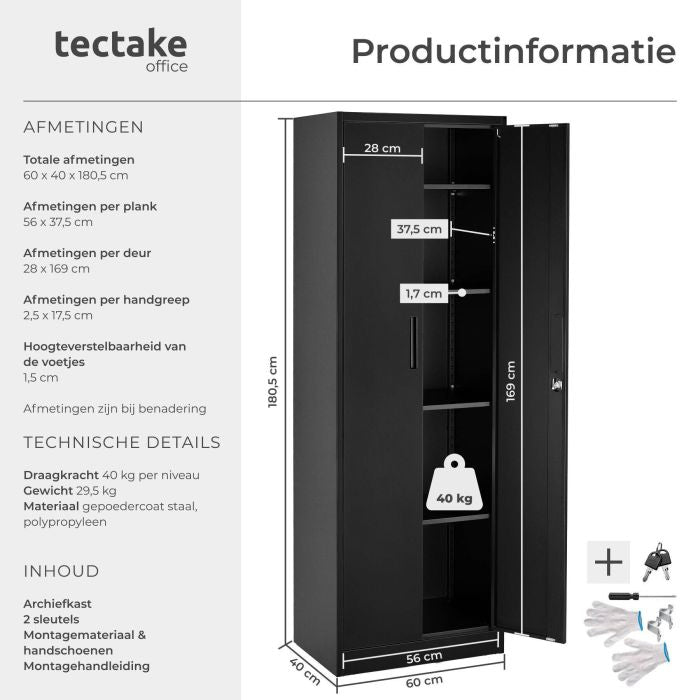 tectake Archiefkast Brandon – Gepoedercoat Staal – 60x40x180,5 cm – Zwart