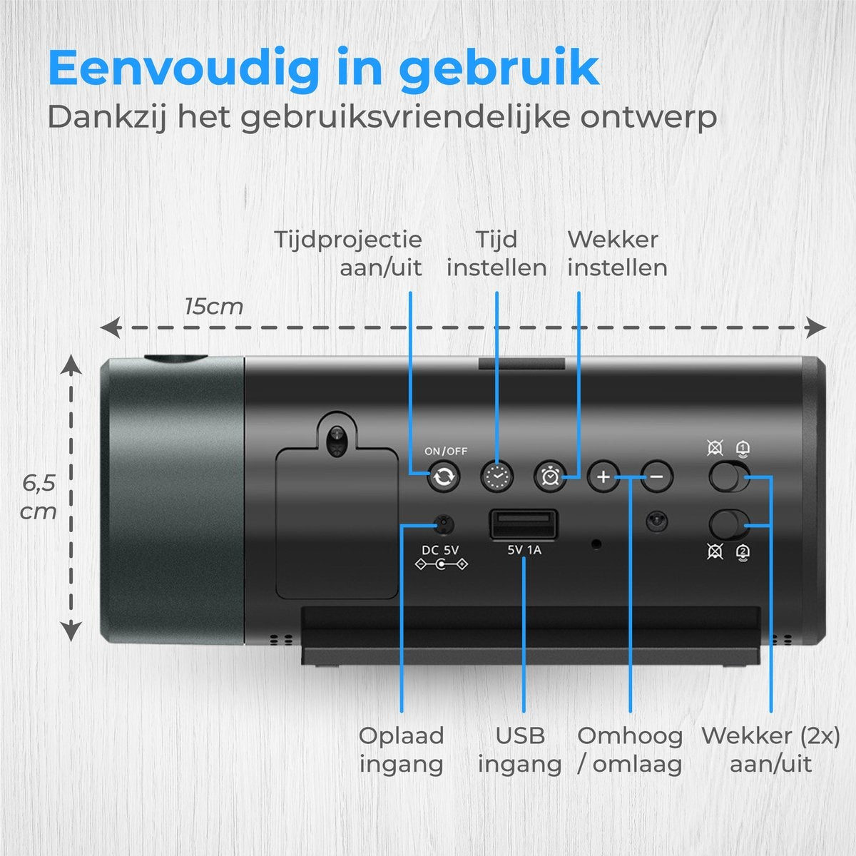 Nuvance Digitale Wekker met Projectie – Dubbel Alarm – Snooze – USB-Oplaadpoort – 15 x 6,8 x 6 cm – Zwart