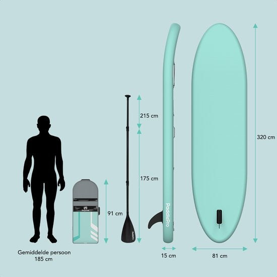 LifeGoods SUP Board - Luxe Set - met Zitje - Opblaasbaar Paddle Board - Max. 135KG - 320x81cm - Mintgroen