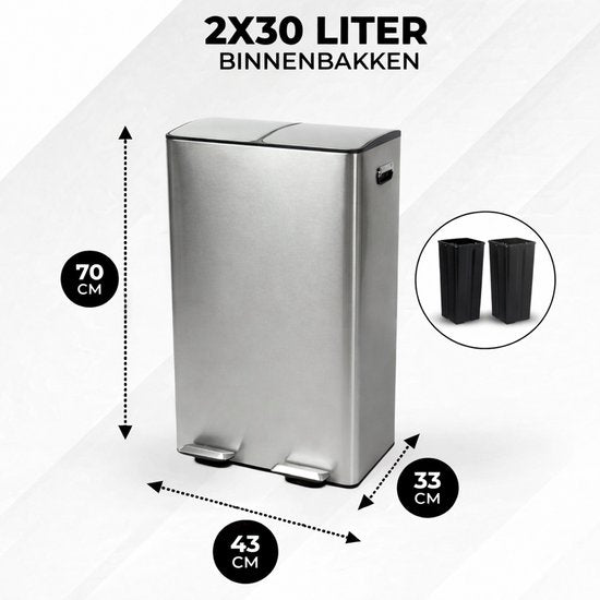 Bayt Prullenbak - Prullenbak 60 Liter (2x30) - Vuilnisbak 60 Liter - Pedaalemmer 60 Liter - Prullenbak Afvalscheiding - Prullenbak 2 Vakken - Afvalbak - RVS - Zilver