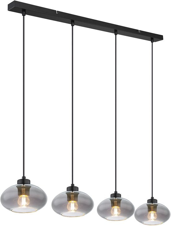 Globo - hanglamp - Shaun - zwart - glas smoke glas - grote eettafellamp - E27 - 15572-4H