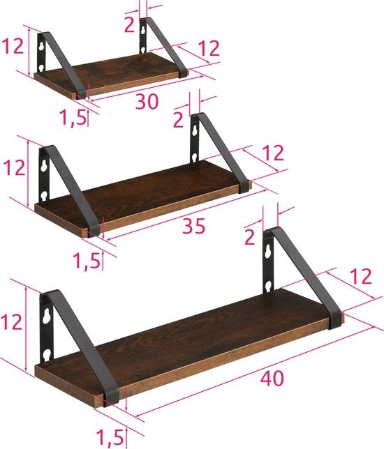 tectake® - 3 Wandplanken Cowell industrieel donkerbruin - 404429