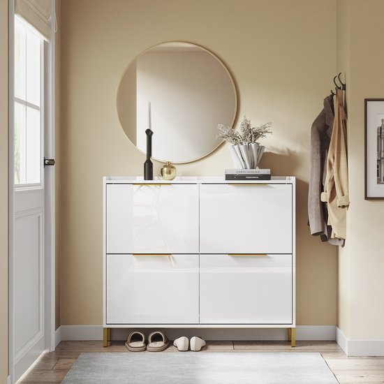 SoBuy FSR206-GW Schoenenkast Ingang – Ultradun 19 cm – Hoogglans Wit en Goud – Voor Hal, Gang, Kleine Ruimte, Met Kantelbeveiliging en Vloerbescherming – 100x19x88.5 cm
