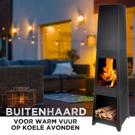 BBQ Collection Tuinhaard - Terrashaard 36 x 36 x 150 cm - Buitenhaard voor Brandhout - Terraskachel met As-Opvangbak en Houtopslag - Houtkachel voor Tuin en Terras - Carbon Staal