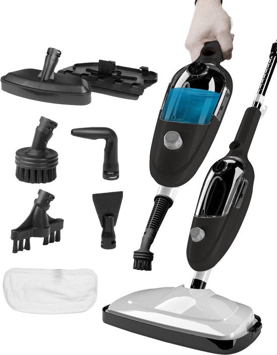 Stoomreiniger 2 in 1 - Handstomer - Vlekkenreiniger - Met 8 Opzetstukken en 2 Microvezeldoeken - Bank, Vloer, Badkamer en Tapijt Reinigen - Zwart