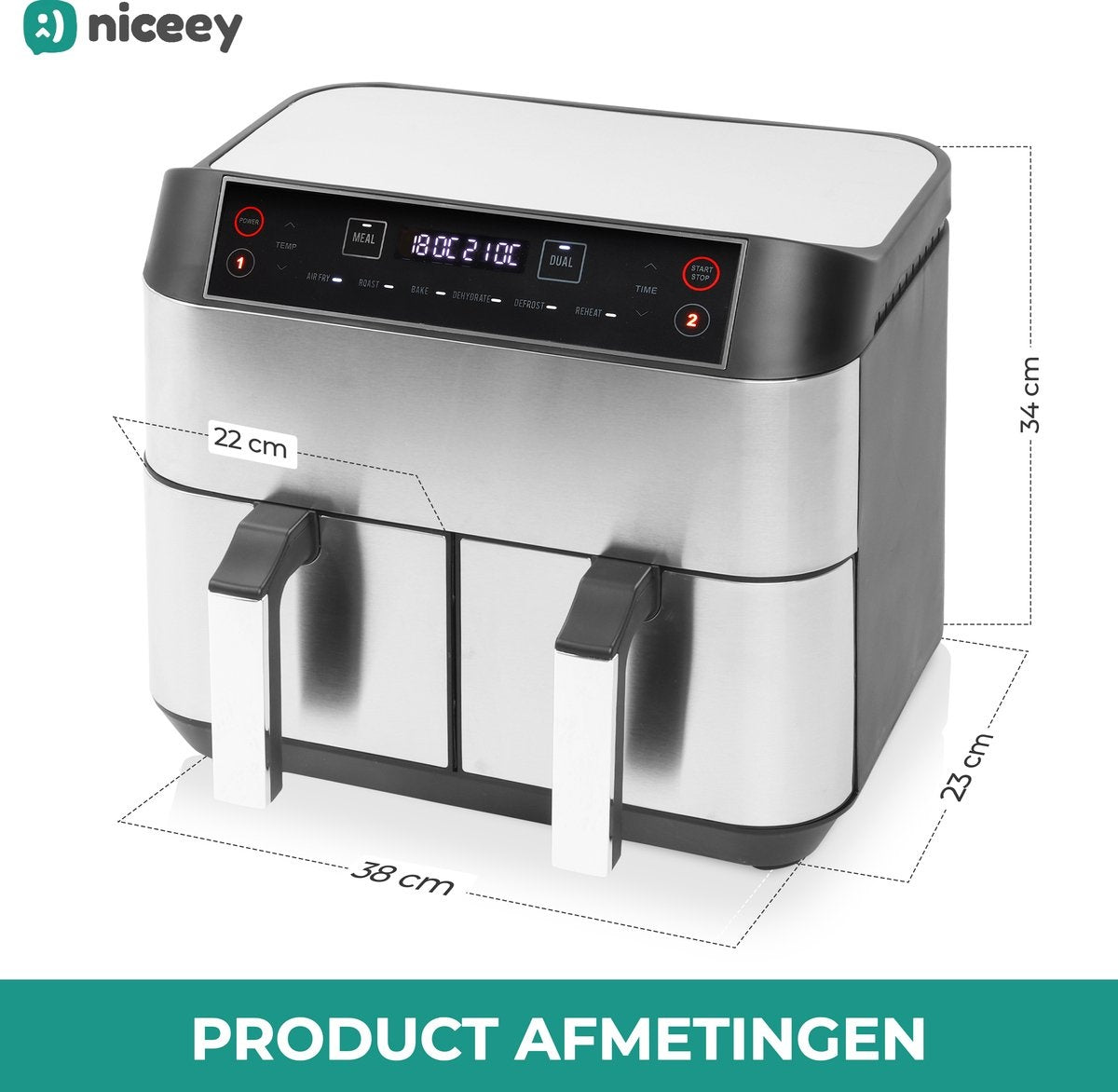 Niceey Dubbele Airfryer XXL - 8L - 2460W - Zilver