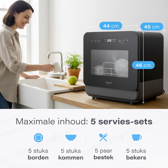 Skoov Mini Vaatwasser met waterreservoir PRO - 3 couverts - 6 wasprogramma's - Zwart
