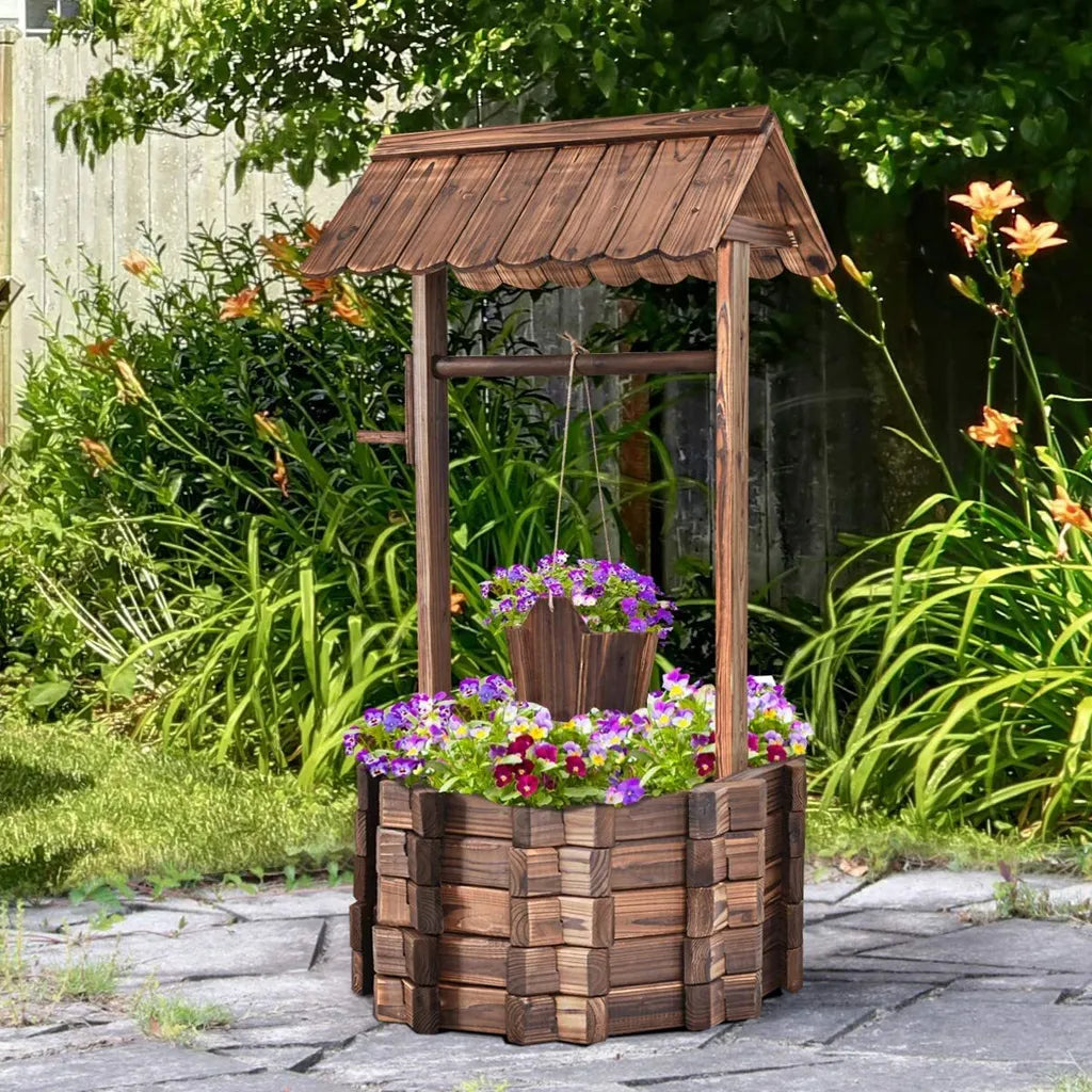 Coast Tuinfontein met Houten Put, Emmer en Bloempot met Dak – Rustiek Design – 43 x 39 x 72 cm – Bruin