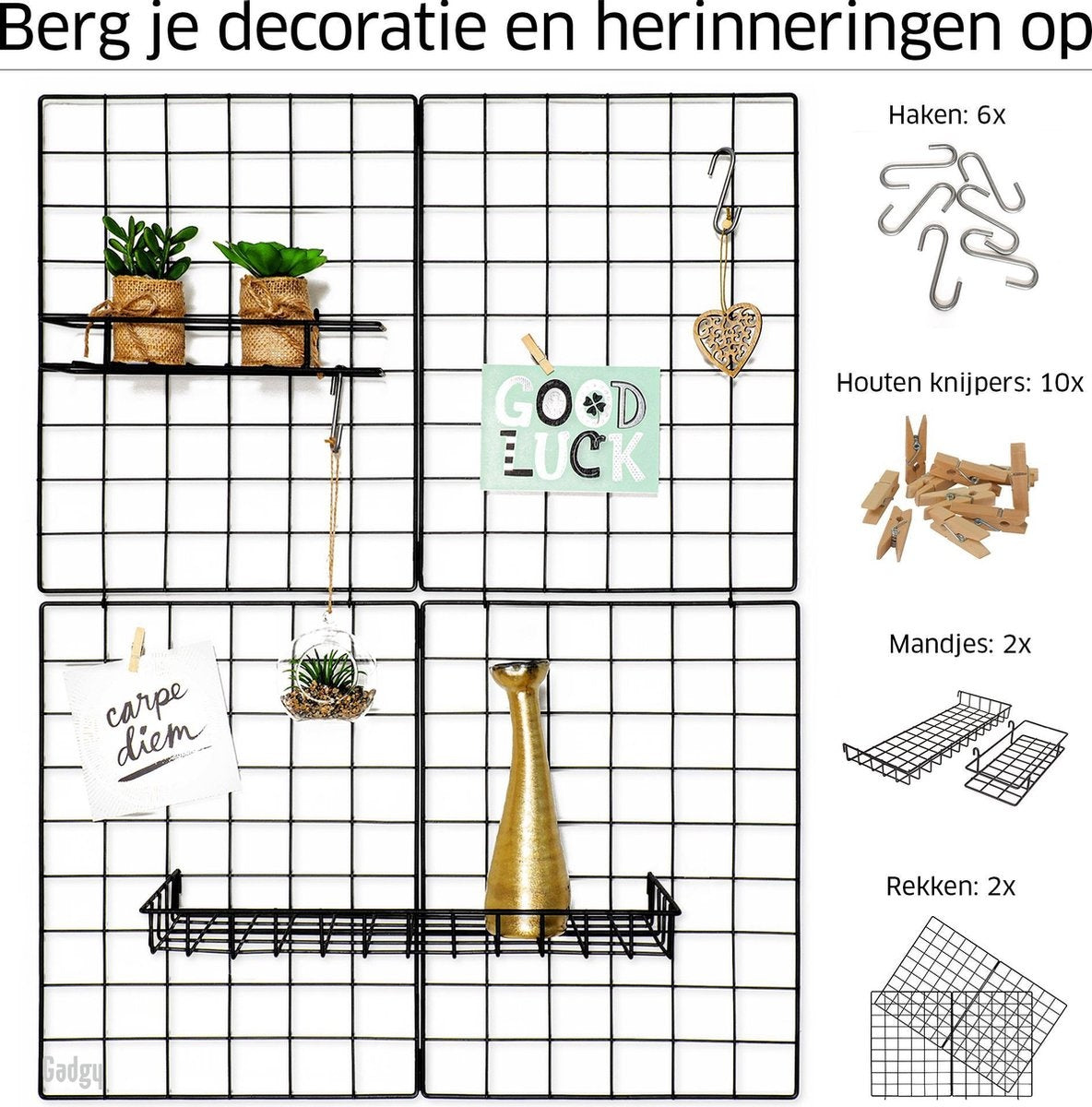 Gadgy opvouwbare wandplank in industriële stijl - zwart, met 2 planken, 6 S-haken en 10 knijpers