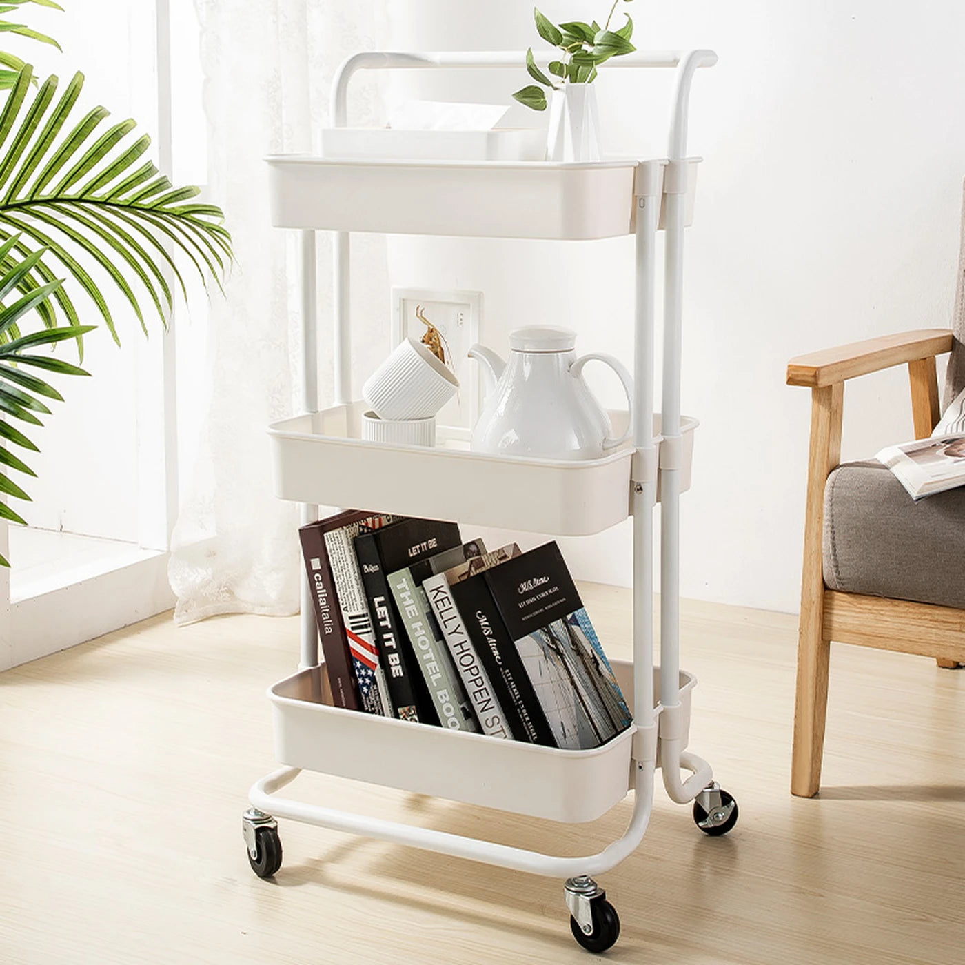 Maxcook Opbergtrolley MCWA982 - Wit - 3 Etages - Staal met Poedercoating - 360° Geluidsarme Zwenkwielen