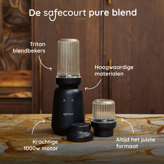 Safecourt Kitchen PureBlend - 1000W Smoothie maker - BPA vrij - inclusief to-go drinkdeksel + rietje- Premium Tritan blendbekers -Zwart