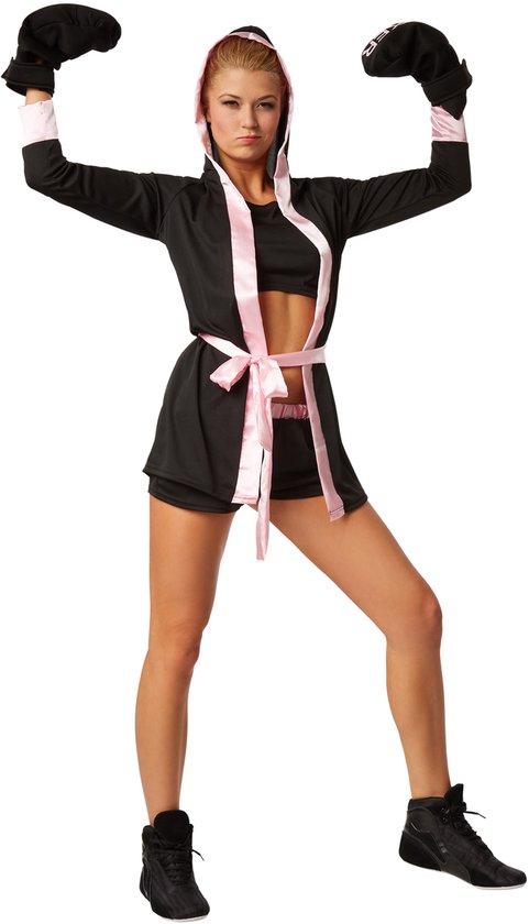 Dressforfun Vrouwenkostuum bokser zwart / roze M - verkleedkleding kostuum halloween verkleden feestkleding carnavalskleding carnaval feestkledij partykleding - 301825