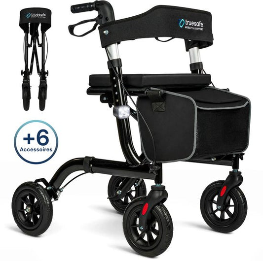 TrueSafe Rollator lichtgewicht en opvouwbaar (6,9 kg) - Voor binnen en buiten - Incl. ergonomisch zitkussen, verlichting, rugleuning, wandelstokhouder en meer - Zwart