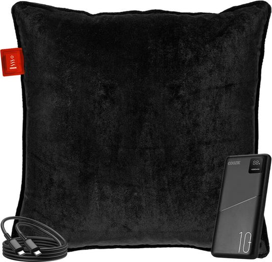 Coozie Oplaadbaar Warmtekussen – Draadloos & Bedraad – 45–65°C – Velvet – 45 x 45 cm – Zwart – Elektrisch Kussen – Incl. Powerbank – Tot 8 uur warmte