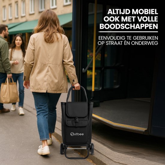 Outbee Boodschappentrolley - Opvouwbaar - Polyester - Met EVA wielen - Aluminium frame - Draagvermogen 45 kg - Zwart