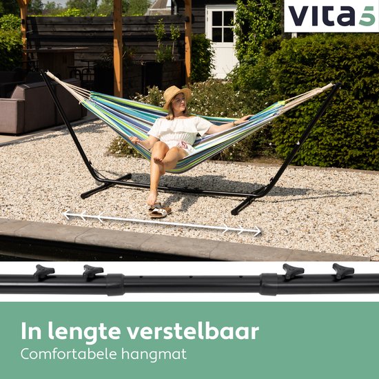 Vita5 Hangmat met Standaard 2 Persoons - Blauw/Groen - Draaggewicht 205 kg - Verstelbare Lengte - Incl. Draagtas