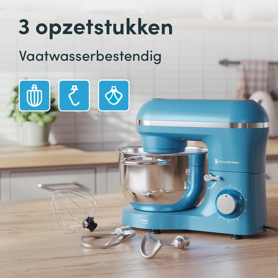 KitchenBrothers Keukenmachine - Keukenrobot - 6,2L - Mixer met Mengkom - Keukenmixer - 2000W - Pastel Blauw