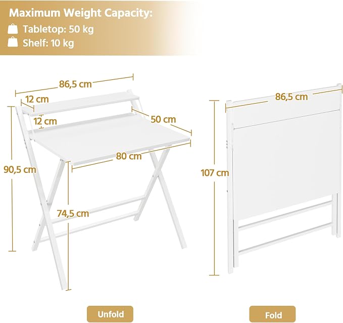 Yaheetech Opvouwbaar Bureau 80 x 50 cm - Wit - Computertafel met Monitorverhoger en Opbergplank