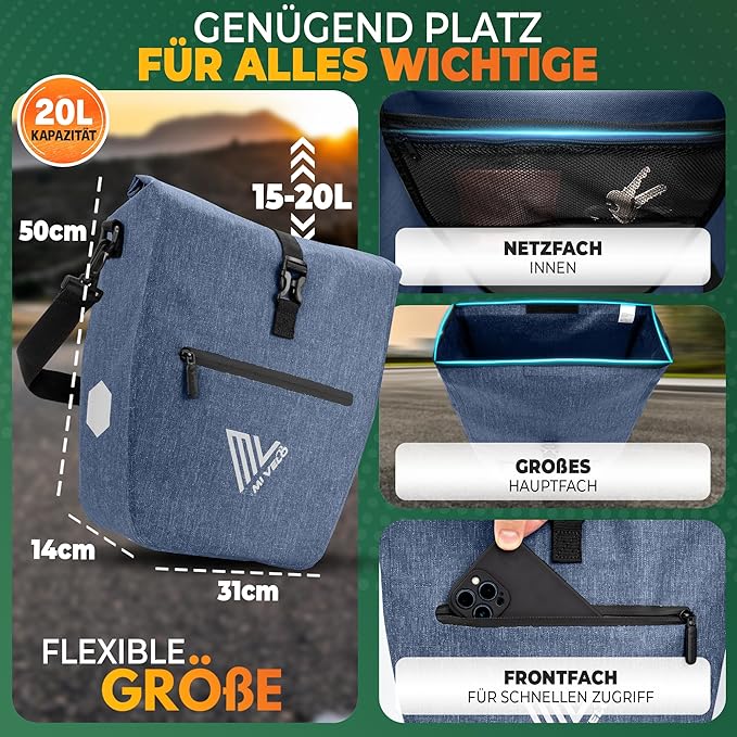 MIVELO Fietstas – Waterdicht & Incl. Laptopvak & Schouderband – 20 liter – Denimblauw