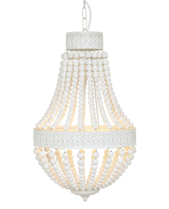 Hanglamp Ella 10191W - Trendy Witte Kralenlamp van Hout en Metaal, Verstelbare Hoogte 70-155 cm - Merk: Mexlite