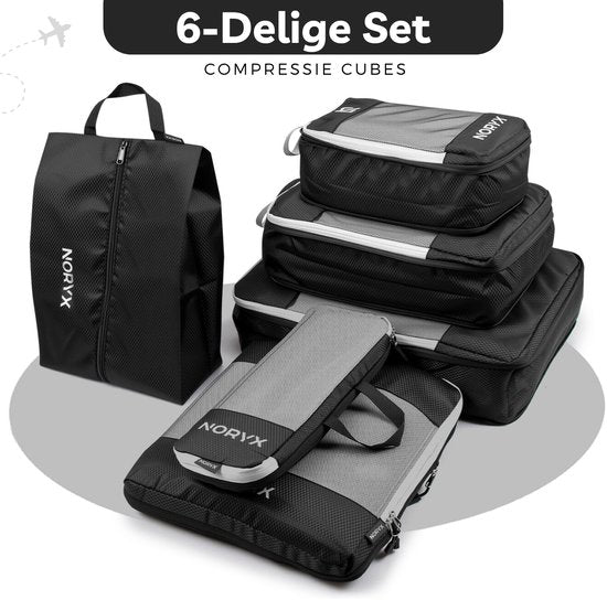 Noryx Packing Cubes 6-delige Set - Met Compressierits - Koffer & Backpack Organizer Set - Reis Compression - Bagage Organizers - Compressie Kleding Cube