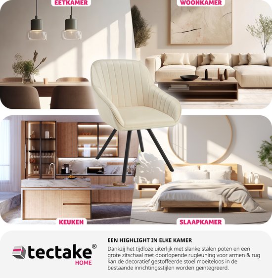 tectake Eetkamerstoel – Draaibaar met Armleuningen & Fluwelen Bekleding – 58 x 58 x 82 cm – Crème