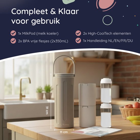 Numsy Melkkoeler voor onderweg - Draagbare Moedermelkkoeler - 24u Koeling - RVS750ML - Geen Condens - Incl. 2x350ml BPA-vrije Flesjes - Lekvrij