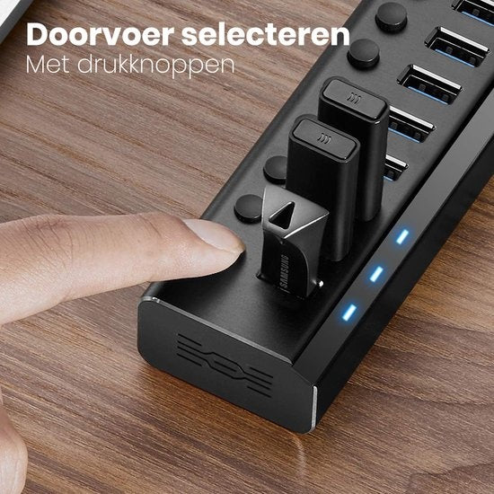 Auronic USB Hub 3.0 - USB Splitter met 10 Poorten - met Voeding - 5 GBPs - Led Indicatie - Zwart