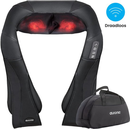 Auronic Shiatsu Massagekussen - Elektrisch - Draadloos - Massage Apparaten - Nek en Schouder - Infrarood - Inclusief Draagtas - Zwart