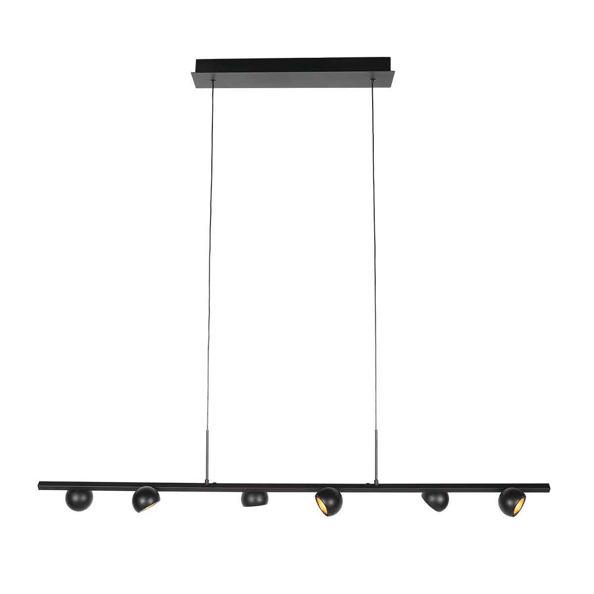 Zwarte hanglamp Marcadore 120cm breed 6 lichts met draaibare reflector kogels, verstelbaar in hoogte, van Steinhauer van kunststof en metaal, modern retro stijl, voor binnen gebruik