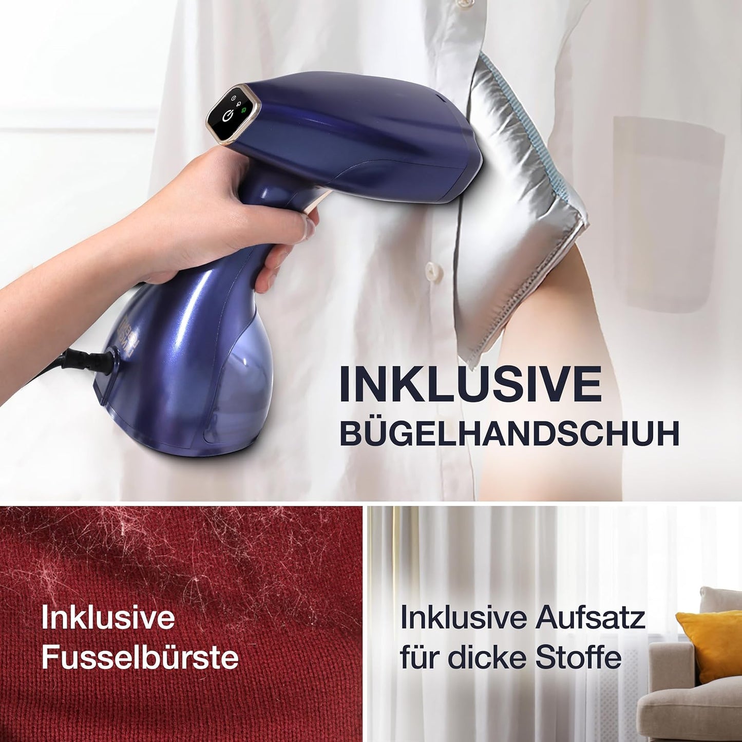 LEBENLANG Kledingstomer - 1500W - 300 ml Watertank - Inclusief Handschoen en Opzetstukken - Blauw