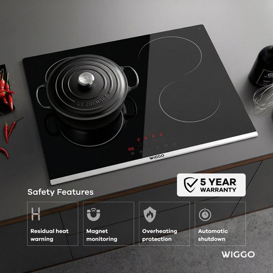 Wiggo WH-E614G(B) - Inbouw Inductiekookplaat - 60 cm - 4 kookzones - Slider bediening - 1 Fase Geen stekker - 5 jaar garantie - Zwart