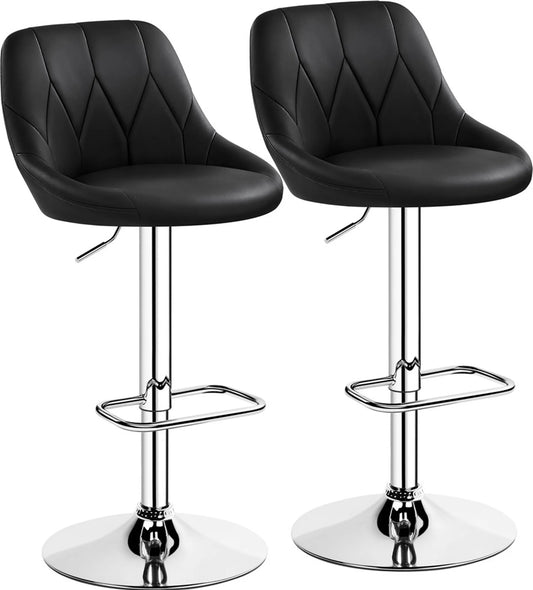 Yaheetech Set van 2 Verstelbare Barstoelen met Rugleuning 86-107,5 cm – Strak Zwart – Kunstleder en Metaal