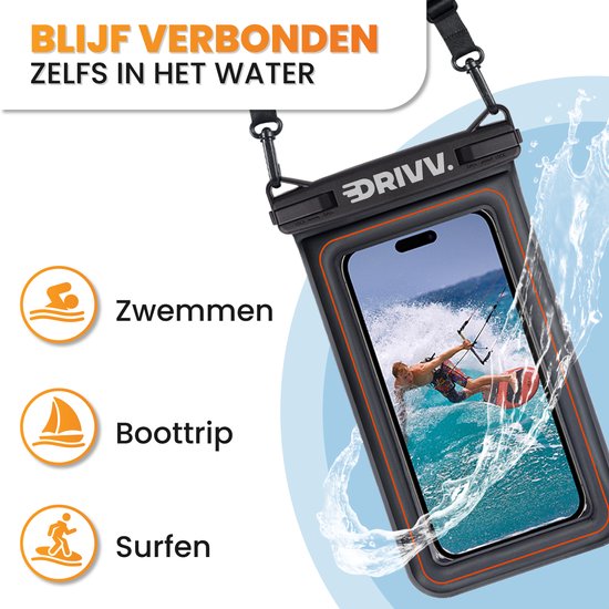Drivv. Waterdicht Telefoonhoesje – Drijvend - Dubbele Klipsluiting - Tot 6.8 inch – Onderwater Hoesje telefoon - Zwart