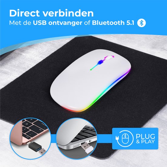 Nuvance - Draadloze Muis LED - Bluetooth - Ergonomisch - Laptop en gaming - Draadloos - Wit