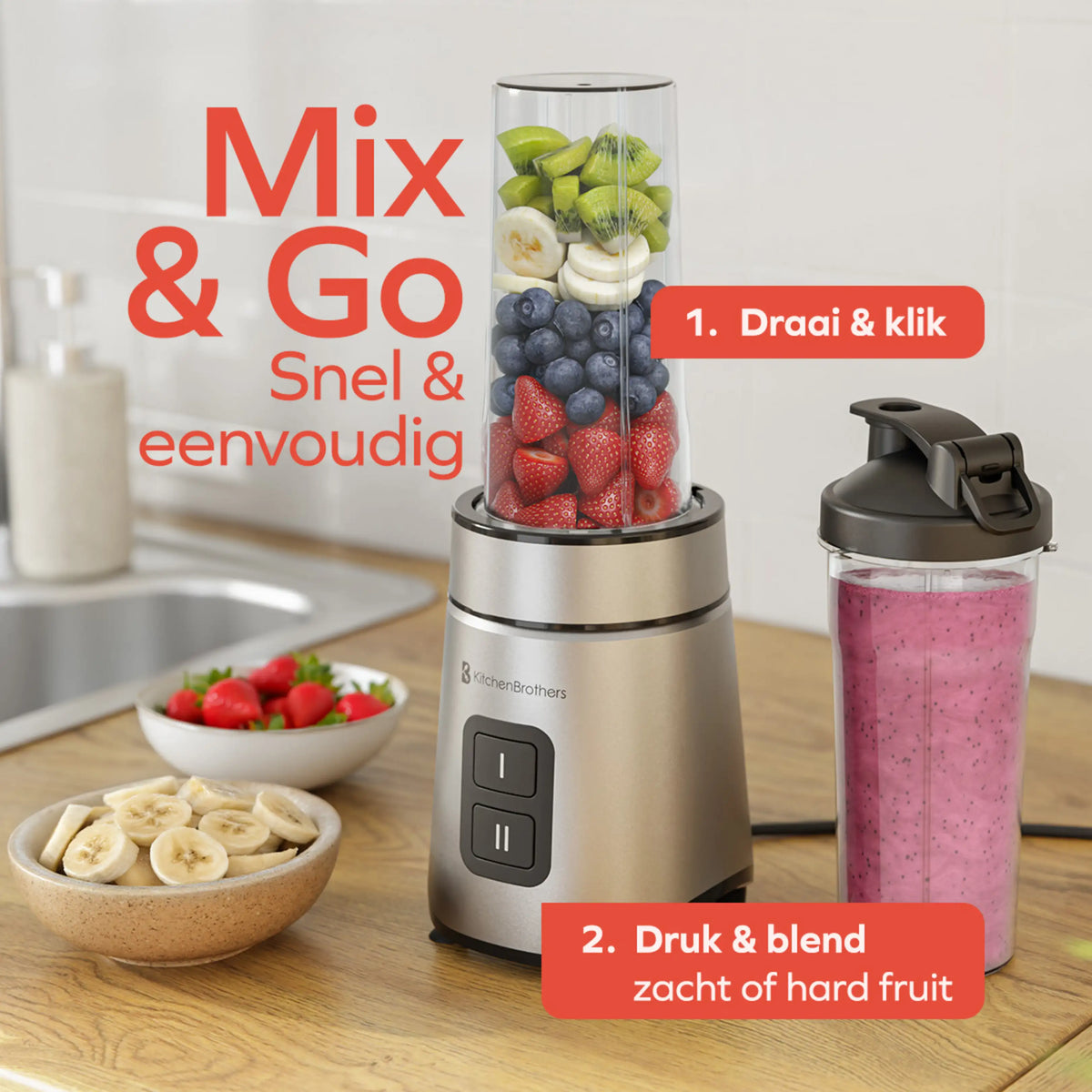 KitchenBrothers Mini Blender To-Go met 2 Flessen van 600 ml - 550 W - 4 RVS Messen - Zwart