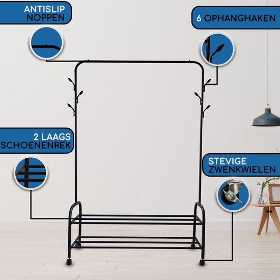 Vonia Kledingrek 157 x 34 x 105 cm - Kledingrek op wieltjes - Kledingrek met Schoenenrek - Kledingrek Metaal - Garderoberek - Zwart