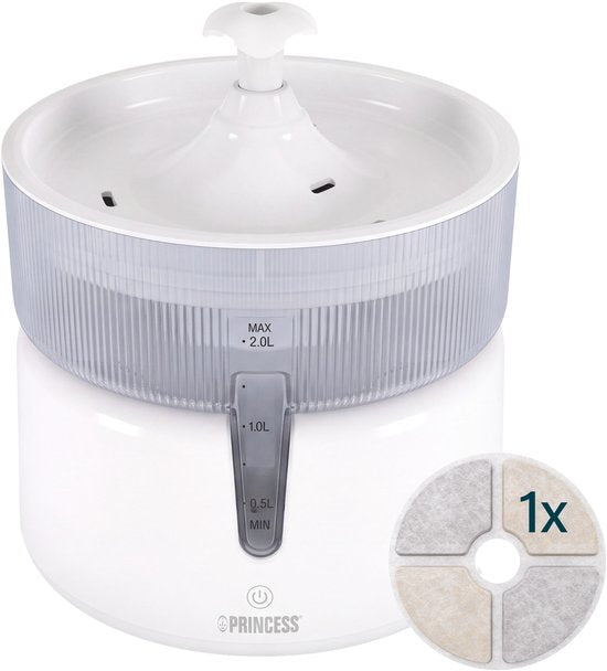 Princess Drinkfontein voor Kat - 2 Liter – 4‑laags Filtratie – Fluisterstil 30 dB – BPA‑vrij – Draadloze Pomp – Incl. Filter - Katten & Honden - Makkelijk Schoon te Maken - 620010