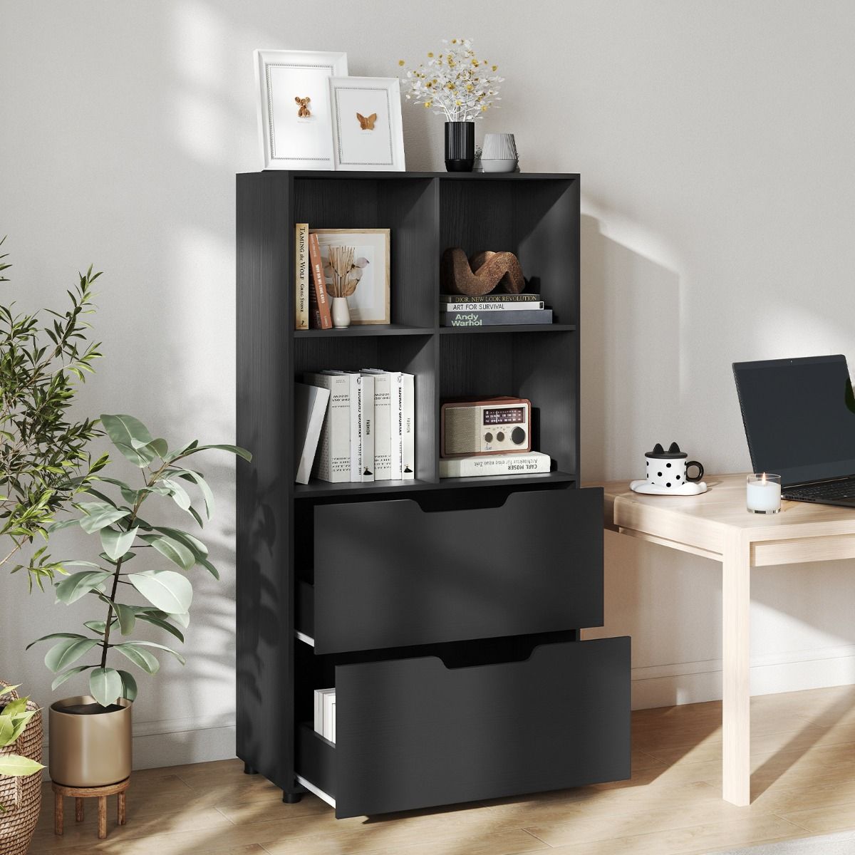 Coast Boekenkast - vier open planken - twee grote lades - zwart - 70 x 33,5 x 130 cm