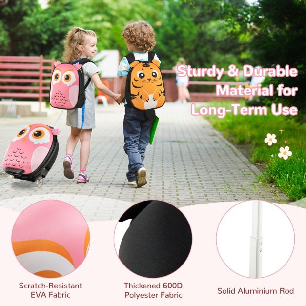 2-Delige Kinderkofferset met 40 cm Kinderkoffer & 30 cm Rugzak Rollende Koffer Reistrolleykofferset voor Kinderen - Roze - Uil