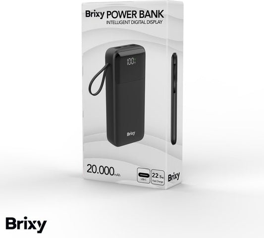 Brixy Powerbank - 20.000 mAh - 22.5W Snellader - LED Display - USB-A/USB-C - Voor O.a. iPhone & Samsung - Zwart