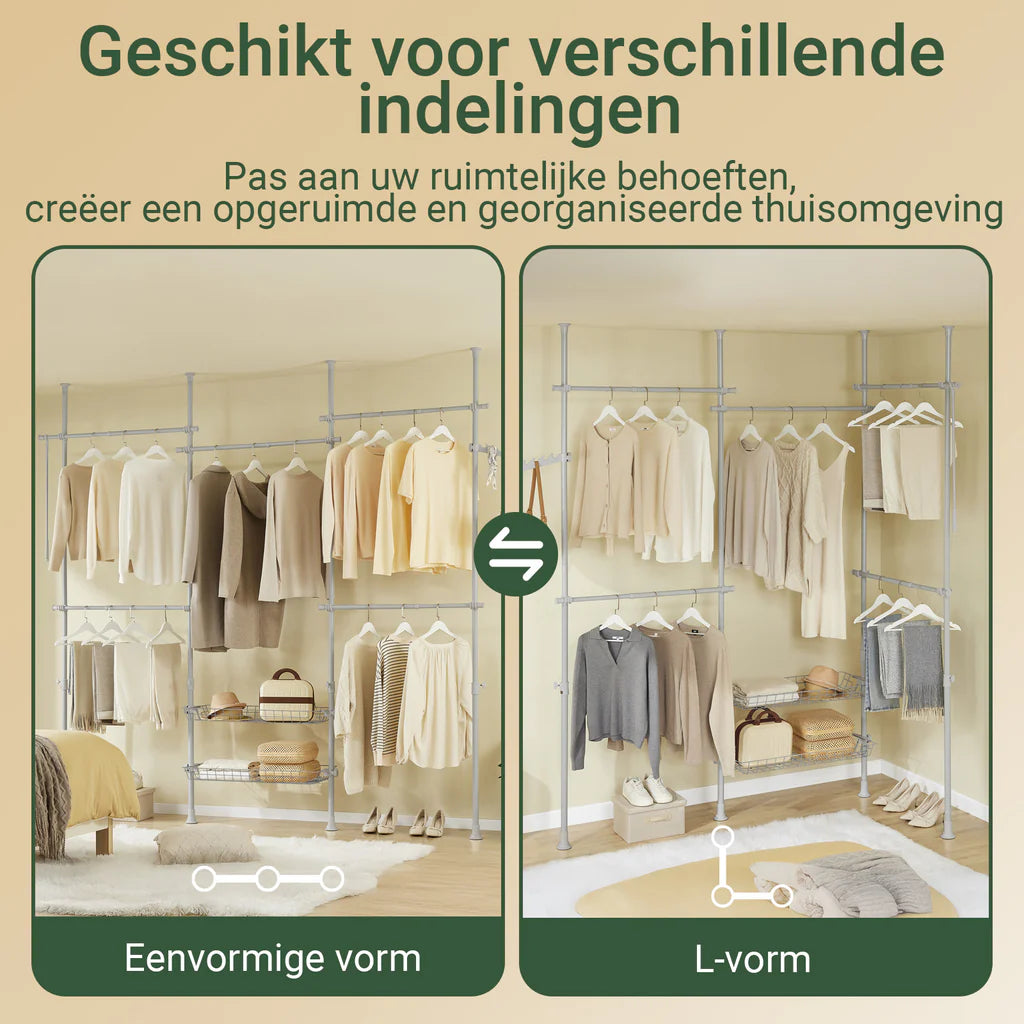 SoBuy KLS04-II-HG Telescoopstang Kledingrek met 5 Kledingstangen en 2 Manden
