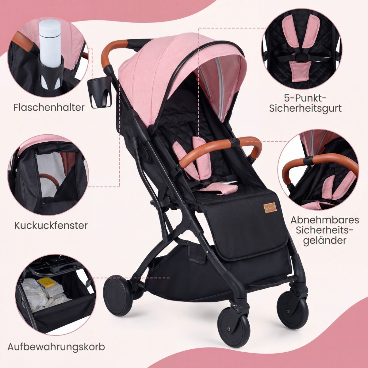 Coast Kinderwagen - inklapbaar - verstelbare rugleuning en voetsteun - roze