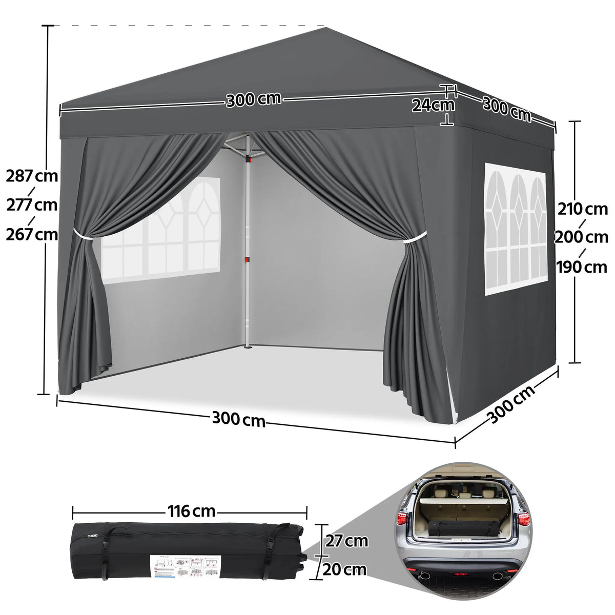 Yaheetech Vouwpaviljoen 3x3 m - Verstelbaar 267-287 cm - 4 Zijwanden - UV-Bescherming 50+ - Waterdicht - Donkergrijs