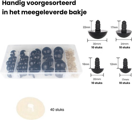 Faas Grote Veiligheidsoogjes - 80 Stuks - Veiligheidsneusjes - 17 t/m 30 mm - Incl. Sluitringen - Zwart