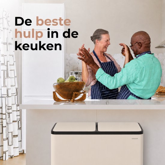 O'DADDY® Prullenbak – Afvalbak - Prullenbak 60 liter - Pedaalemmer – Vuilnisbak - Prullenbak 2 vakken - Prullenbak afvalscheiding – Afvalbak afvalscheiding - 2 Binnen emmers - Soft-Close - Inclusief 15 Afvalzakken - Beige