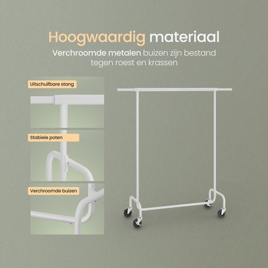 O'DADDY® Kledingrek op 4 Grote Wielen - Tot 130 Kg Draagvermogen - Verstelbaar en Uitschuifbaar - Roestbestendig Verchroomd Metaal - Eenvoudige Montage - Wit