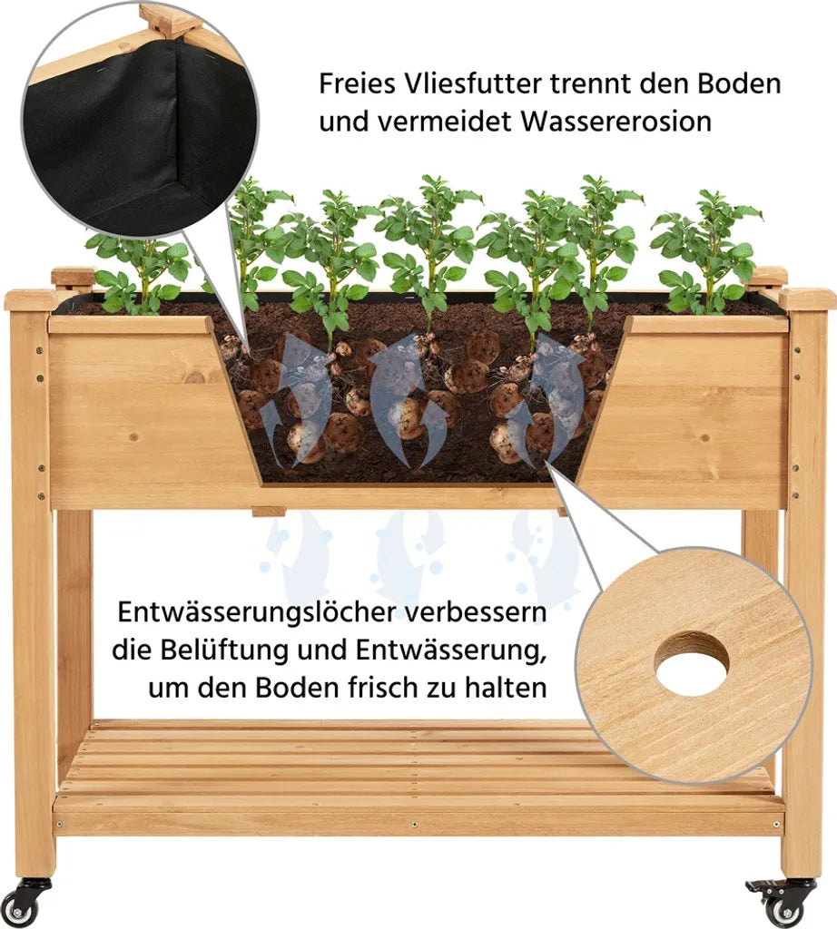 Yaheetech Verhoogde Houten Plantenbak met Wielen en Opbergplank - Lichtbruin - 105,5 x 56,5 x 83,5 cm